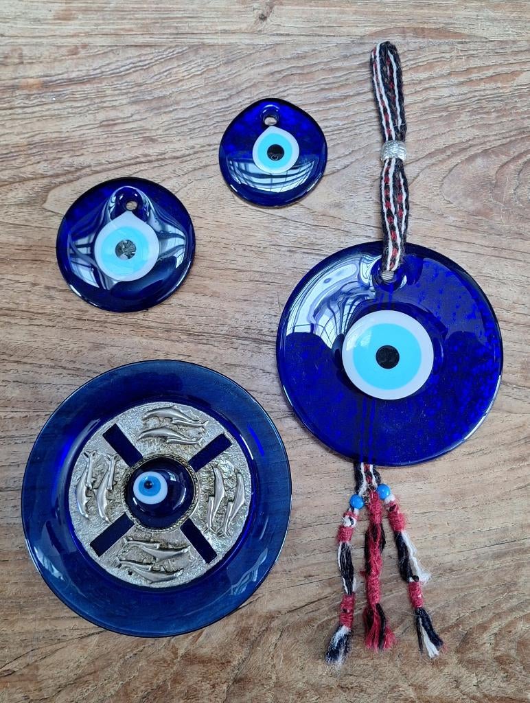 vintage Pasabahce kobalt blauw glazen evil eye bord + hanger, Ophalen of Verzenden