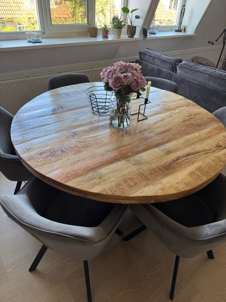 Ronde mango houten eettafel 150 cm, Ophalen, Gebruikt, 100 tot 150 cm, 150 tot 200 cm