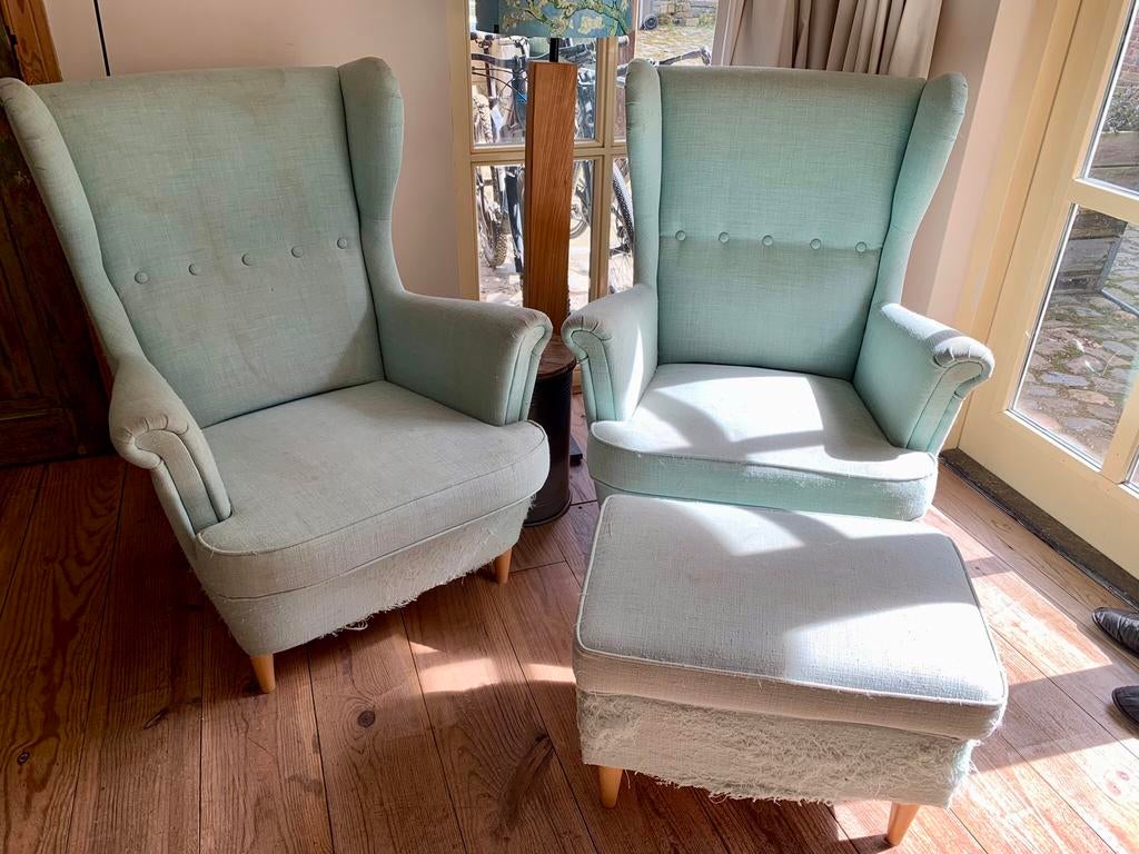 Gratis 2x Strandmon fauteuil/stoel + voetenbankje, Huis en Inrichting, Ophalen, Zo goed als nieuw, 50 tot 75 cm