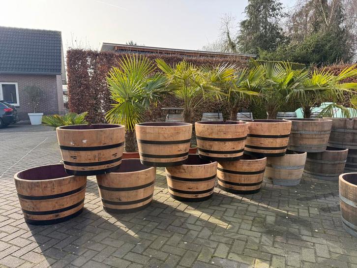 Halve wijnvaten | bloembakken | eikenhout, Tuin en Terras, Bloembakken en Plantenbakken, Nieuw, Hout, 30 tot 60 cm, 60 tot 100 cm