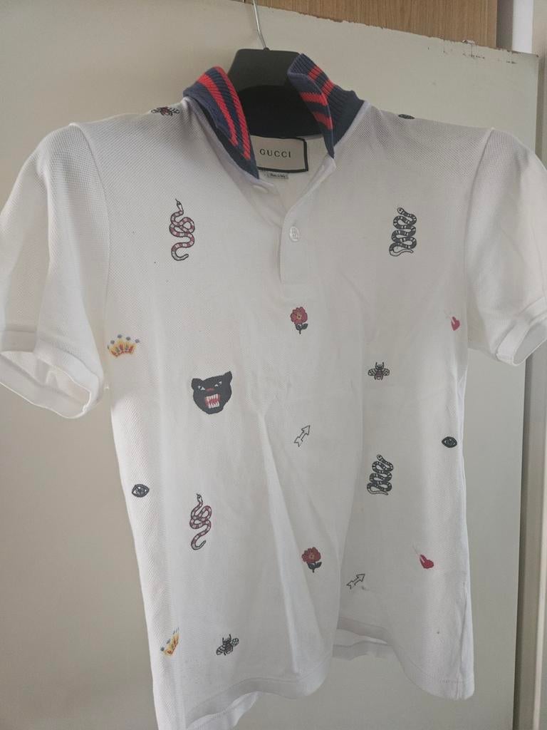 Gucci Polo Shirt Wit met Geborduurde Motieven Maat S, Wit, Ophalen of Verzenden, Gucci, Gedragen