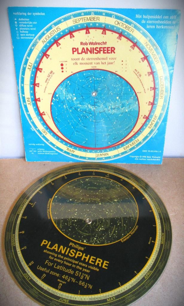 Planisphere Philips + Planisfeer Rob Walrecht~Sterrenhemel, Boeken, Atlassen en Landkaarten, Gelezen, Overige gebieden, Overige typen