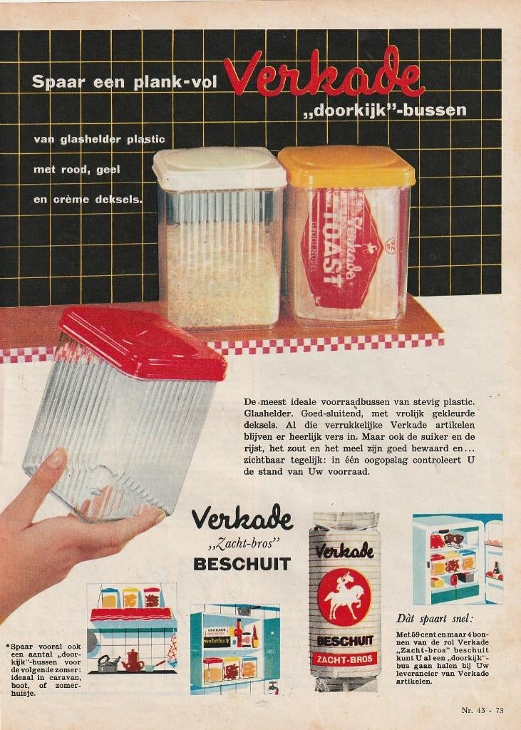 Retro reclame 1964 Verkade voorraadbussen bussen, Verzamelen, Retro, Verzenden, Overige typen