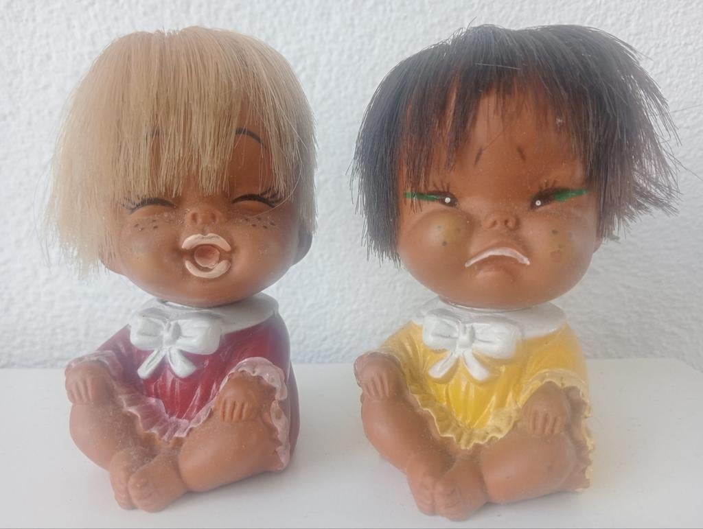 2 vintage rubberen emotie Kwai popjes mood dolls jaren 70, Verzamelen, Poppen, Ophalen of Verzenden, Pop