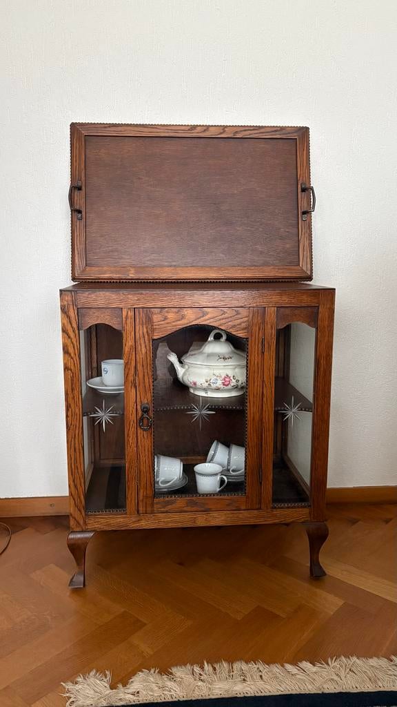 Theekastje met glazen deurtjes en dienblad, Ophalen, Gebruikt, 50 tot 100 cm, Minder dan 100 cm