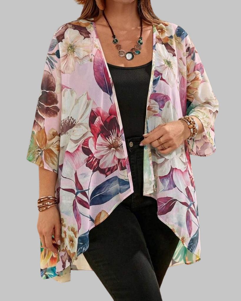 Bloemenprint Kimono Vest - Zomerse Boho Stijl (46-54), Kleding | Dames, Verzenden, Nieuw, Roze, Trui of Vest
