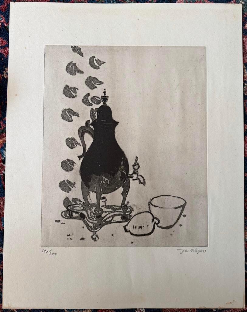 Ets Jan Wiegers - Stilleven met kraantjeskan, Dagelijks leven, Ophalen of Verzenden, Gesigneerd, 33 cm