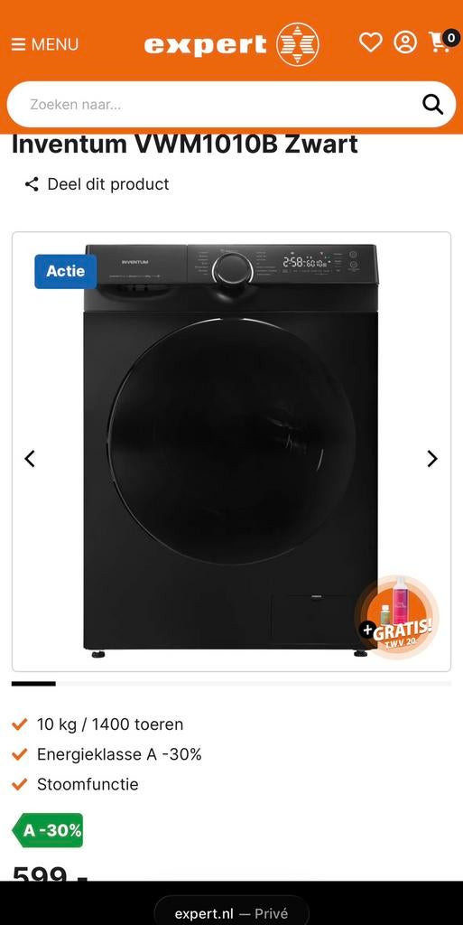Inventum VWM1010B NIEUW IN DOOS 10 KILO, Witgoed en Apparatuur, Ophalen of Verzenden, 1200 tot 1600 toeren, Minder dan 85 cm