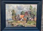 Hoeve a/d vaart.  Olie/doek.  Ca '50/'70. 100/81cm., Ophalen
