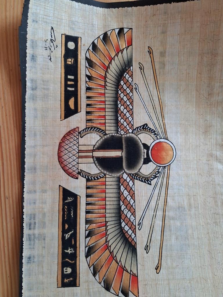 Oude Egyptische Papyrus Schilderij - Scarabee, Antiek en Kunst, Ophalen of Verzenden