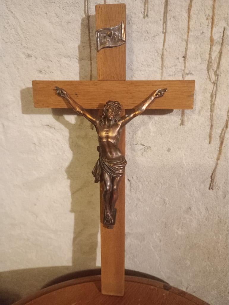 Houten kruis met koperen beslag, Ophalen of Verzenden