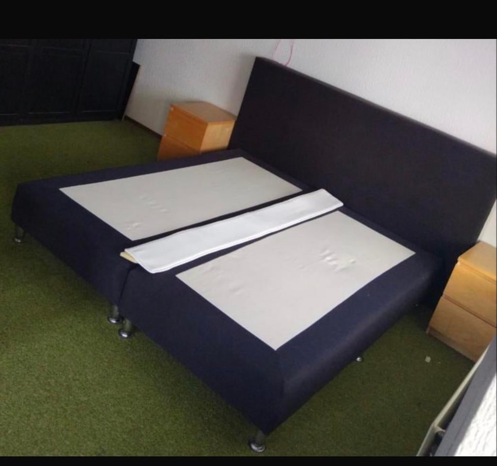 Boxspring bed 2x 90x200 met hoofdbord, Ophalen, Gebruikt, Blauw, Tweepersoons