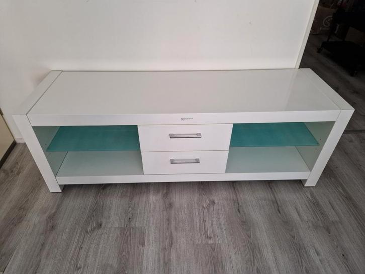 Wit tv-meubel Hubertus lades en glazen planken, Huis en Inrichting, Kasten | Televisiemeubels, Zo goed als nieuw, Ophalen