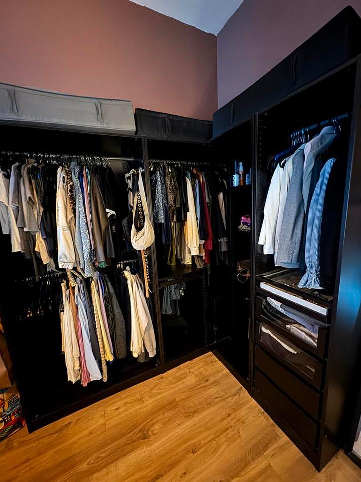Zwarte IKEA PAX Hoekgarderobekast met diverse accessoires, Huis en Inrichting, Kasten | Kledingkasten, Gebruikt, 200 cm of meer