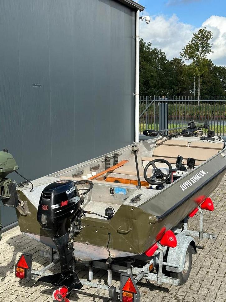 Buster Aluminium visboot / toerboot met 3 motoren, Watersport en Boten, Vis- en Consoleboten, Gebruikt, 10 tot 30 pk, 3 tot 6 meter