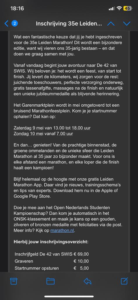 Startbewijs Leiden marathon 42km, Ophalen of Verzenden