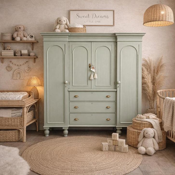 Antieke linnenkast kledingkast babykamer pastel mint retro, Kinderen en Baby's, Kinderkamer | Commodes en Kasten, Zo goed als nieuw