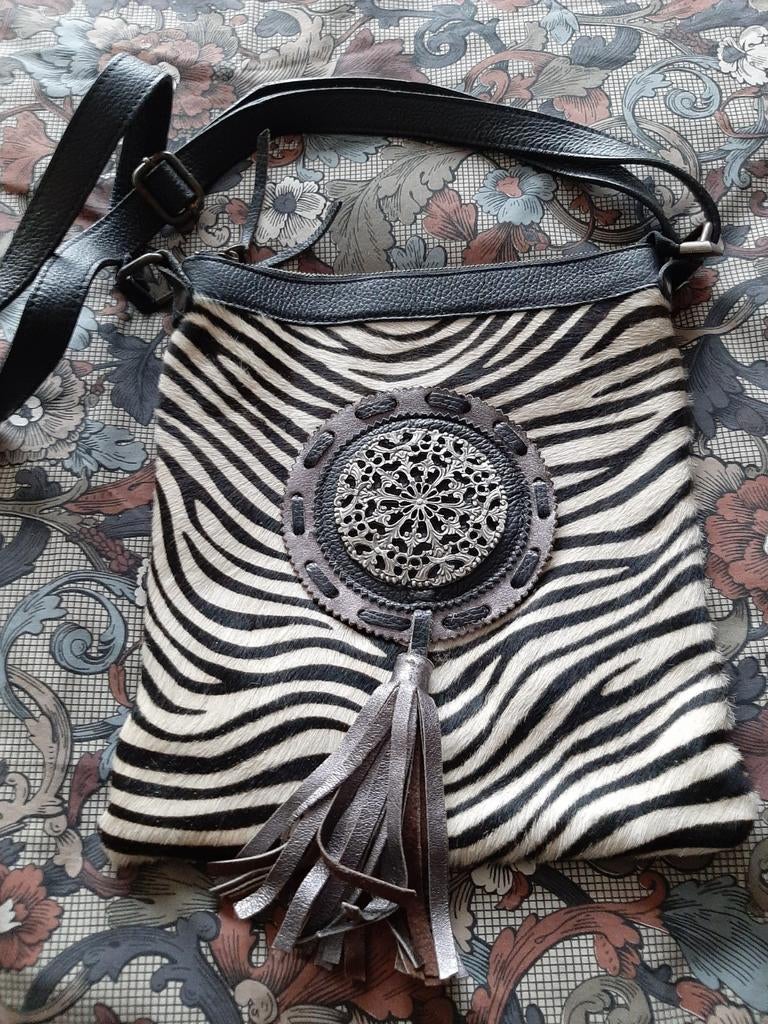Handgemaakte Fiel of Line Leather Tas met Zebraprint Vintage, Ophalen of Verzenden