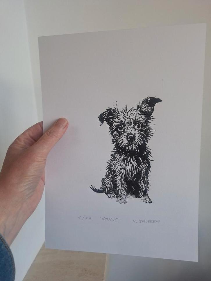 'Hondje' - Originele linodruk van M. Jasperse, Antiek en Kunst, Kunst | Etsen en Gravures, Ophalen of Verzenden