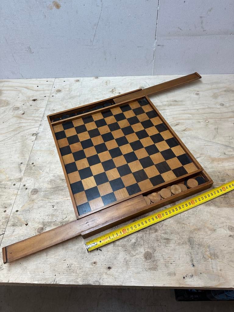 Vintage Dambord Schaakbord met Damstenen, Een of twee spelers, Ophalen of Verzenden, Gebruikt