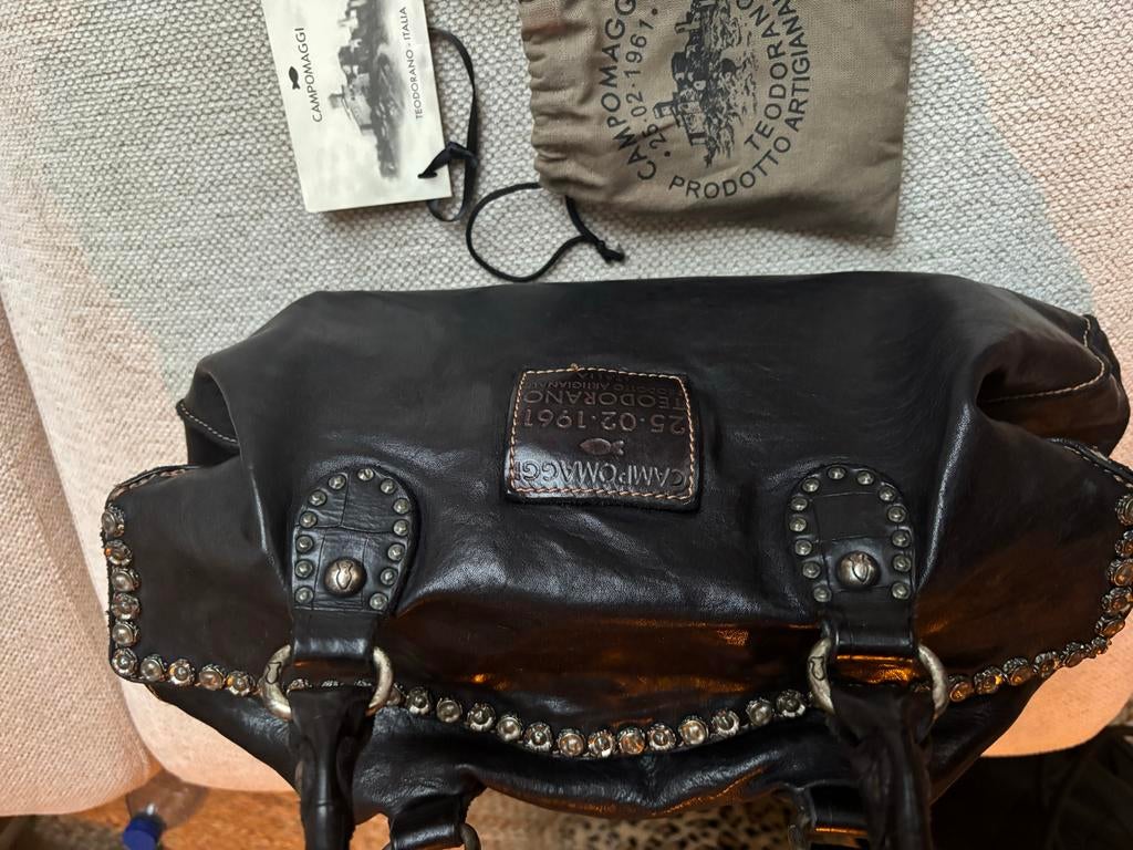 Vintage Campomaggi Leren Tas - Zwart met Studs, Sieraden, Tassen en Uiterlijk, Tassen | Damestassen, Ophalen of Verzenden, Gebruikt
