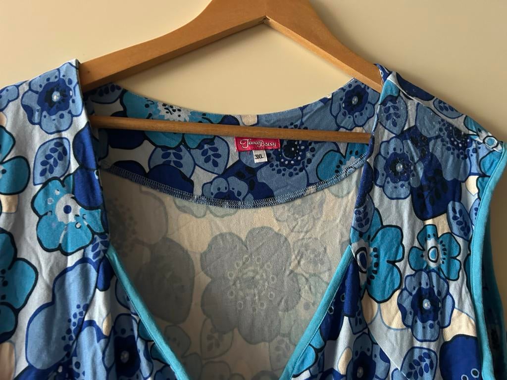 Jurk Tante Betsy blauw bloemenprint, Kleding | Dames, Jurken, Maat 46/48 (XL) of groter, Gedragen, Onder de knie, Verzenden