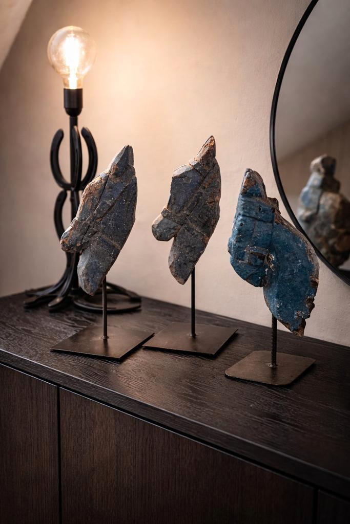 Houten Paarden Ornamenten uit India nandi oosters paard pony, Tuin en Terras, Tuinbeelden, Gebruikt, Dierenbeeld, Hout, Ophalen of Verzenden