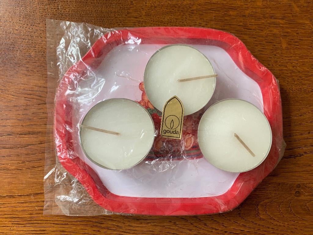 Metalen Blaadje "Kerst" & 3 Gouda Grote Waxinelichten Nieuw, Ophalen of Verzenden, Nieuw