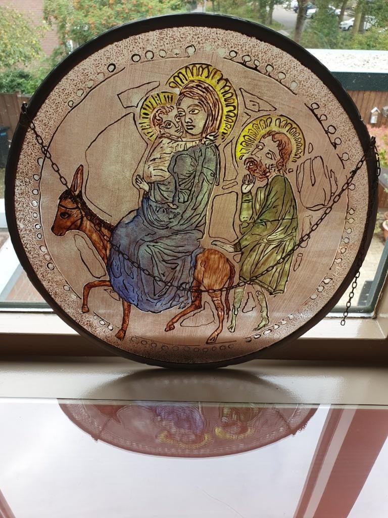 Josef en Maria glas in lood gebrandschilderd 40 cm rond(1.2), Antiek en Kunst, Ophalen