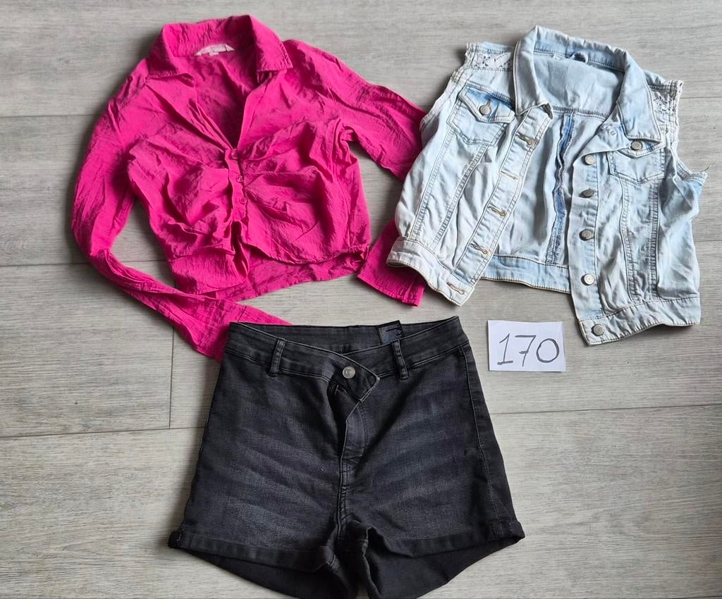 Zomers setje 170: roze blouse, spijkergilet en zwarte short, Kinderen en Baby's, Kinderkleding | Maat 170, Ophalen of Verzenden