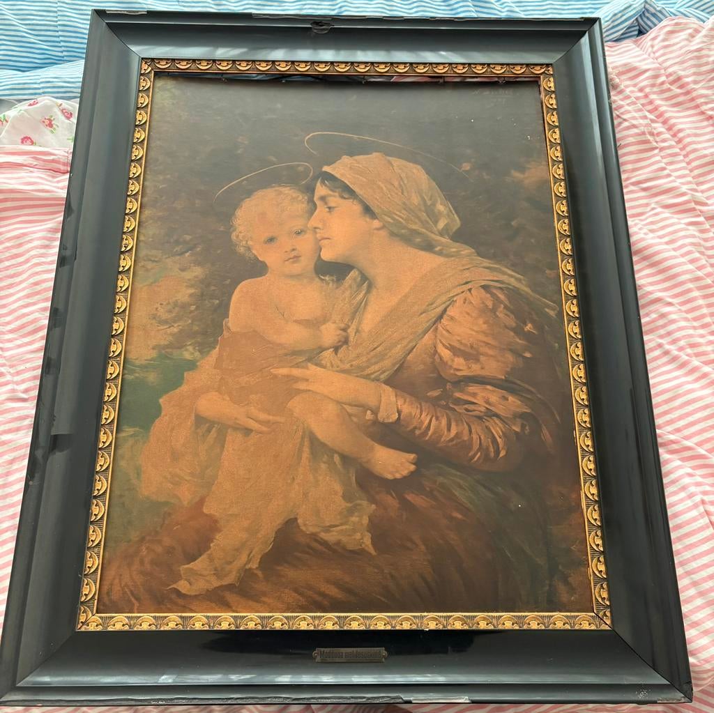 Andiek religie religieus groot schilderij zwart madonna kind, Antiek en Kunst, Ophalen