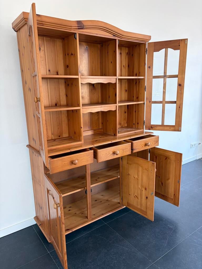 Grenen buffetkast met vitrine en lades, Huis en Inrichting, Gebruikt, 100 tot 150 cm, 200 cm of meer, Ophalen of Verzenden