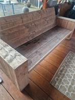 Steiger hout bank en 2 stoelen met grijze kussens, Tuin en Terras, Ophalen, 5 zitplaatsen, Gebruikt, Bank
