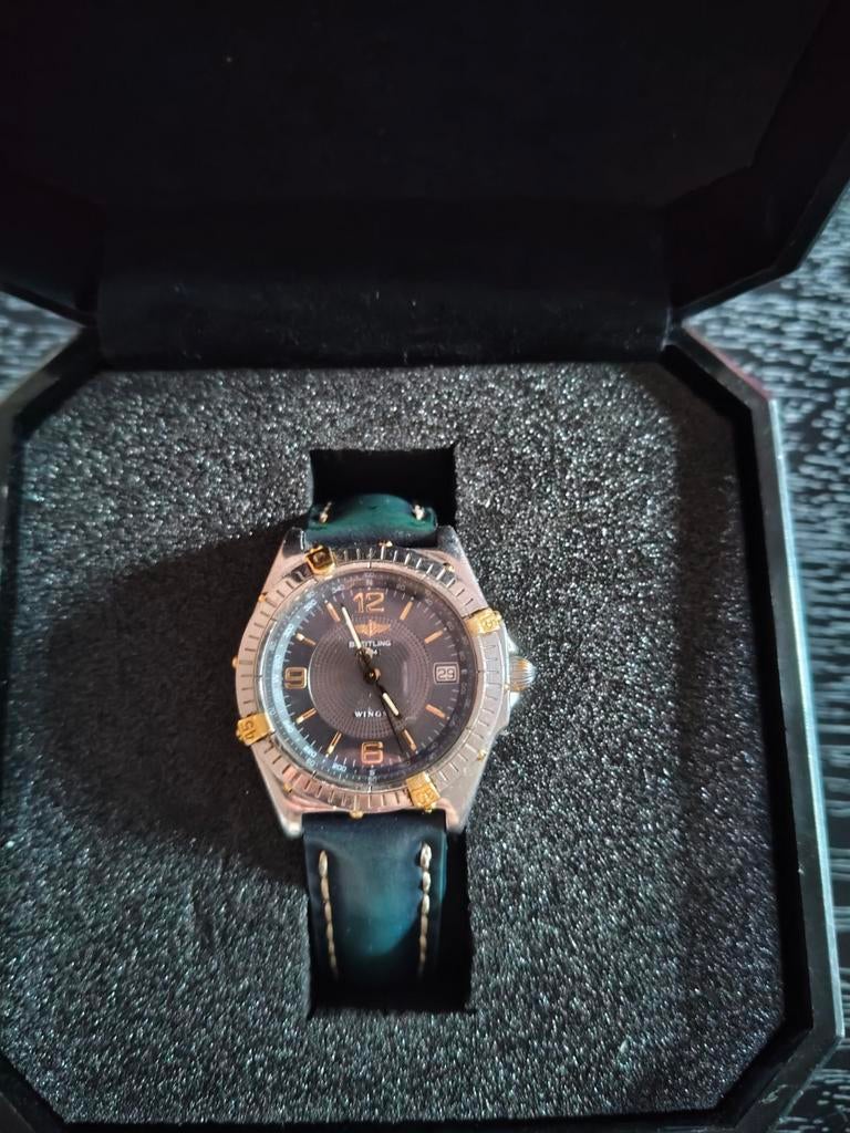 Breitling Wings horloge - Staal/Goud met leren band, Sieraden, Tassen en Uiterlijk, Horloges | Heren, Staal, Breitling, Polshorloge