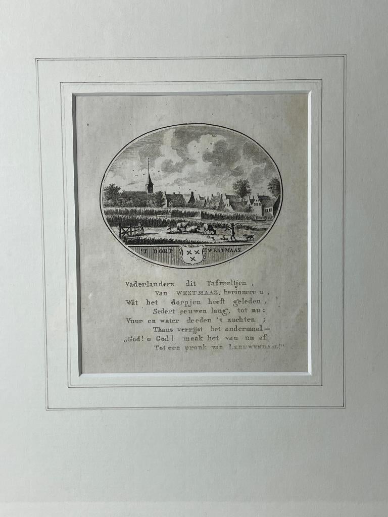Westmaas - oude gravure van 't dorp - nieuwe lijst, Ingelijst, 1800 - 1899, Stadsgezicht, Ophalen of Verzenden
