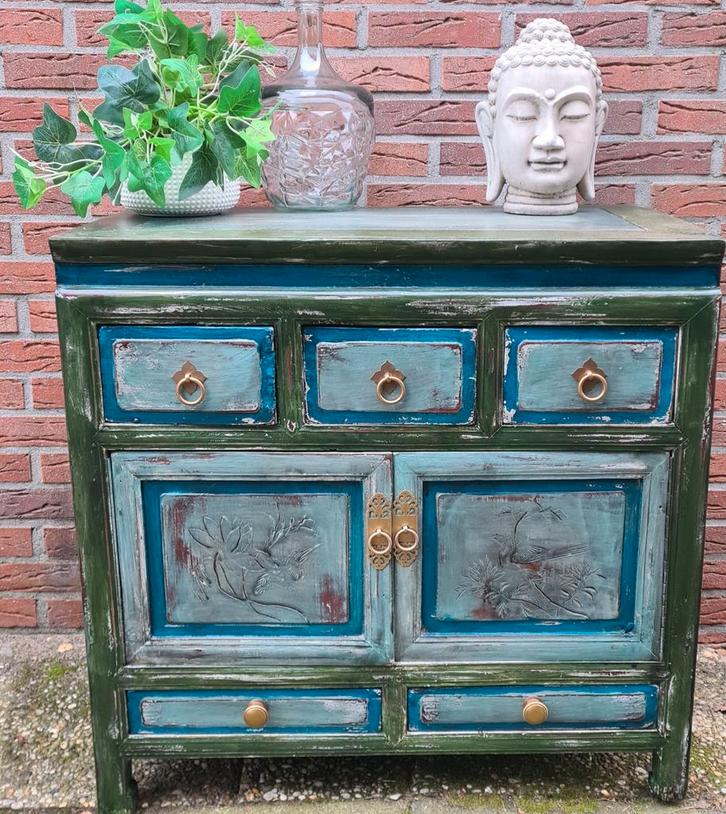 Chinees kastje chinese kast groen blauw turquoise restyle, Huis en Inrichting, Kasten | Dressoirs