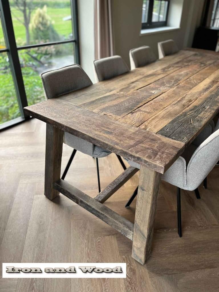 Oud eiken stoere kloostertafels van wagonplanken - barnwood, Ophalen, Nieuw