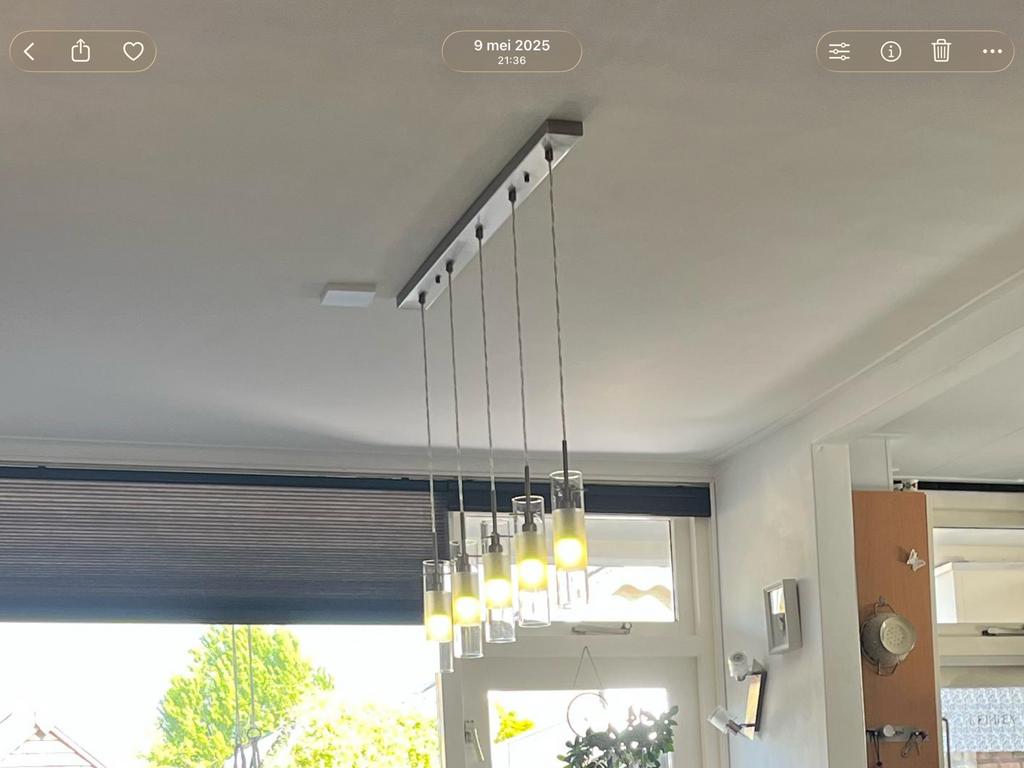 Hanglamp met 6 glazen kappen, Huis en Inrichting, Lampen | Hanglampen, Ophalen of Verzenden, Gebruikt, Glas, 75 cm of meer