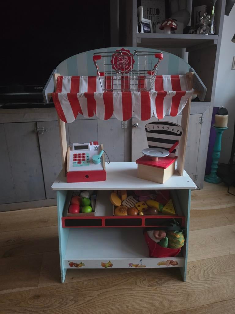 Houten Winkel / Theater met Kassa, Weegschaal en Speelgoed, Ophalen, Jongen of Meisje