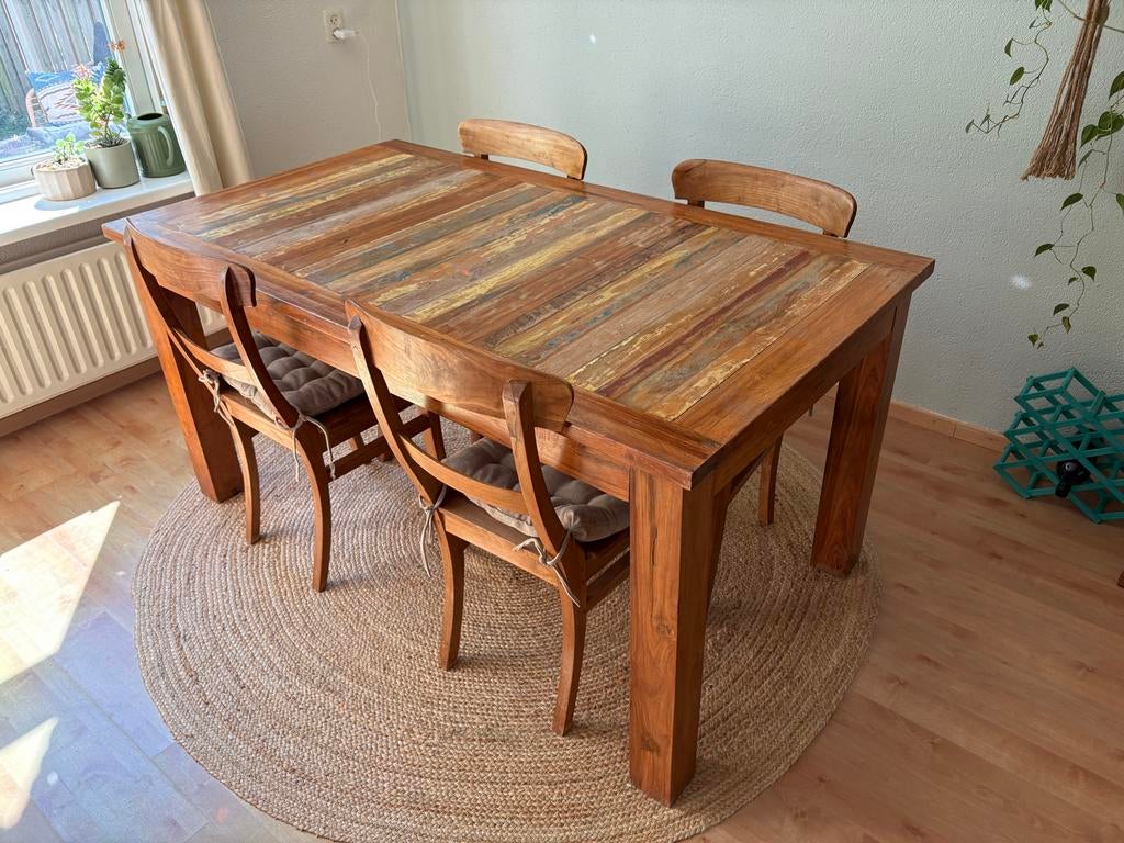 Unieke teakhouten eettafel met 4 stoelen, Huis en Inrichting, Tafels | Eettafels, Ophalen, Gebruikt, Teakhout, 50 tot 100 cm