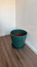 Groene plantenpot met schotel, Ophalen, Rond, Aardewerk, Minder dan 40 cm
