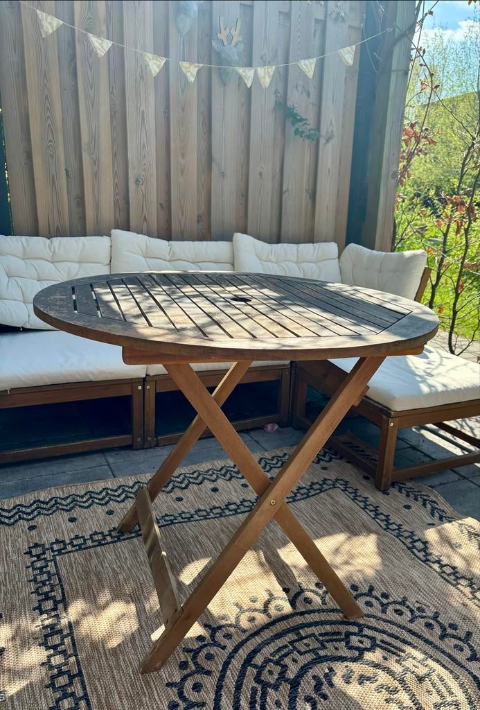 Ronde teak houten buitentafel, Tuin en Terras, Tuintafels, Ophalen, Gebruikt, Rond, Teakhout