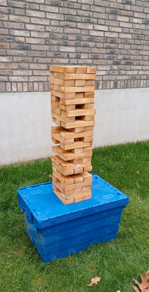Verhuur van houten spellen 'Blokken stapelen' (Jenga), Hobby en Vrije tijd, Feestartikelen | Verhuur, Gebruikt, Overige, Ophalen