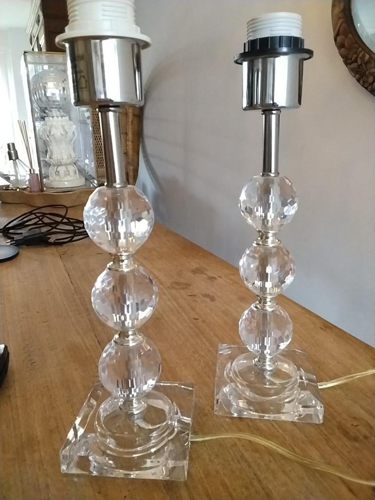 Set van 2 glazen lampenvoeten met zilveraccenten, Huis en Inrichting, Lampen | Tafellampen, Gebruikt, Minder dan 50 cm, Kunststof