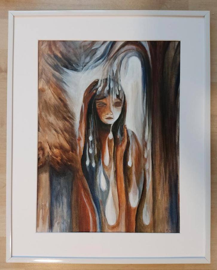 Olieverfschilderij - Bezinning- vrouw, Antiek en Kunst, Kunst | Schilderijen | Klassiek, Ophalen of Verzenden