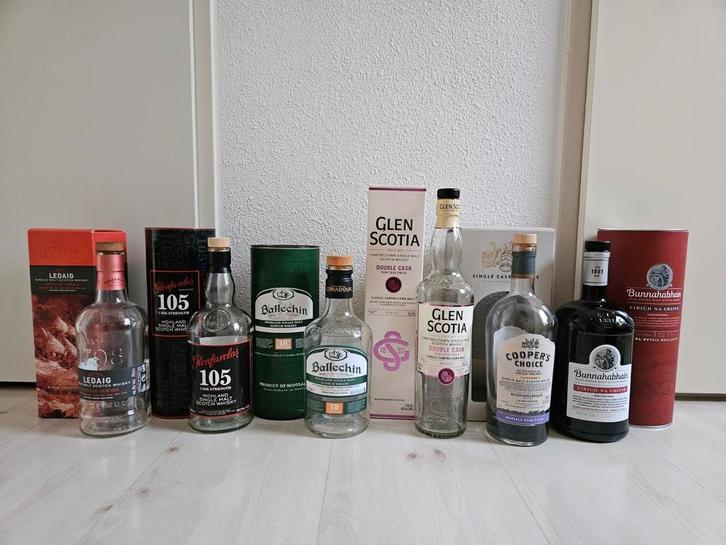 6 lege flessen whisky met verpakking scotch single malt, Verzamelen, Wijnen, Overige typen, Overige gebieden, Ophalen of Verzenden