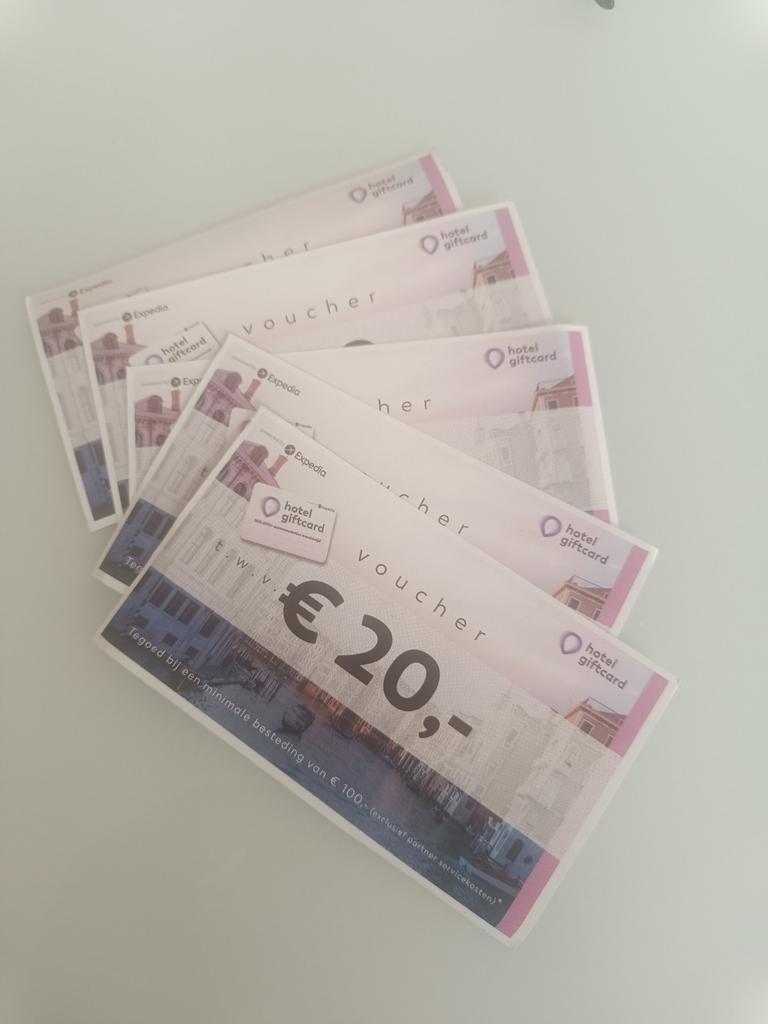 5x Hotelgiftcard t.w.v. 20 euro per stuk, Ophalen of Verzenden, Nieuw, Overige typen, Hotelgiftcard