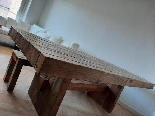 Rustieke grote houten eettafel van gerecycled hout 221x99cm, Huis en Inrichting, Tafels | Eettafels, Gebruikt, 50 tot 100 cm, 200 cm of meer