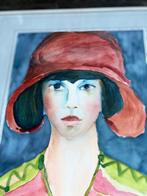 Aquarel Willy Hommerin vrouw met hoed, Ophalen of Verzenden