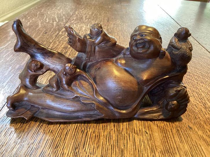 Houtsnijwerk Vrolijke Boeddha met Spelende Kinderen., Huis en Inrichting, Woonaccessoires | Boeddhabeelden, Zo goed als nieuw